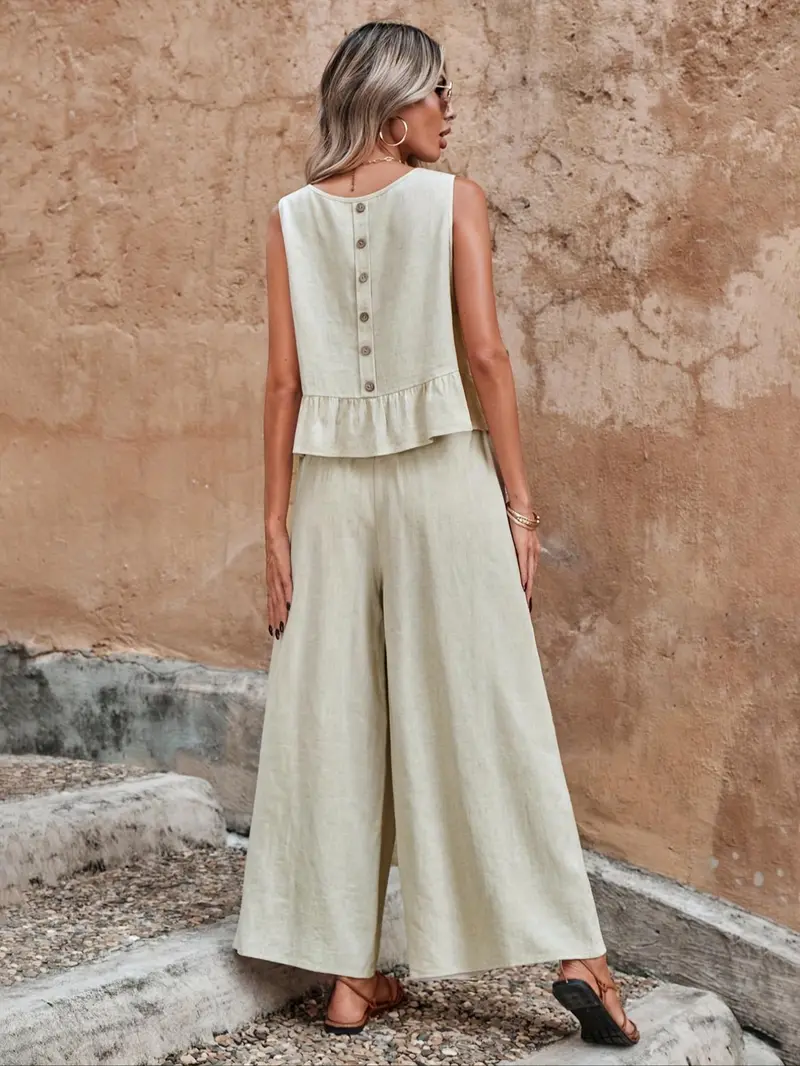 Women's Solid Ruffle Hem Sleeveless Tank Top & Elastic Waist Wide Leg Pants Essential Set, Casual Button-Detail Round Neck Top & Pocket Trousers, Ladies Summer Clothes, Clothing Sets