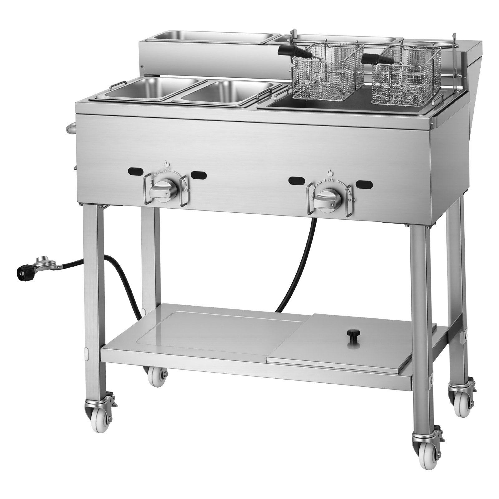 VEVOR Outdoor Propane Deep Fryer, 2 Burners (11,600 BTU Each), Commercial Fryer with Two 1/3 Size Food Warming Pans, Multi-Purpose Frying Cart with 4 Lockable Wheels, for Fried Chicken & Fries