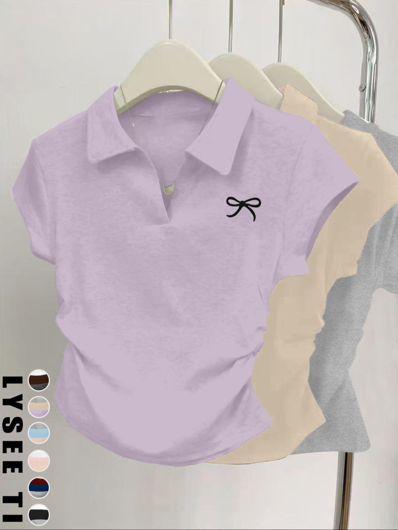 3pcs women's casual fashion butterfly pattern details simple solid color pleated polo collar pullover shirt women's short sleeved three piece T-shirt Polo Shirt Set