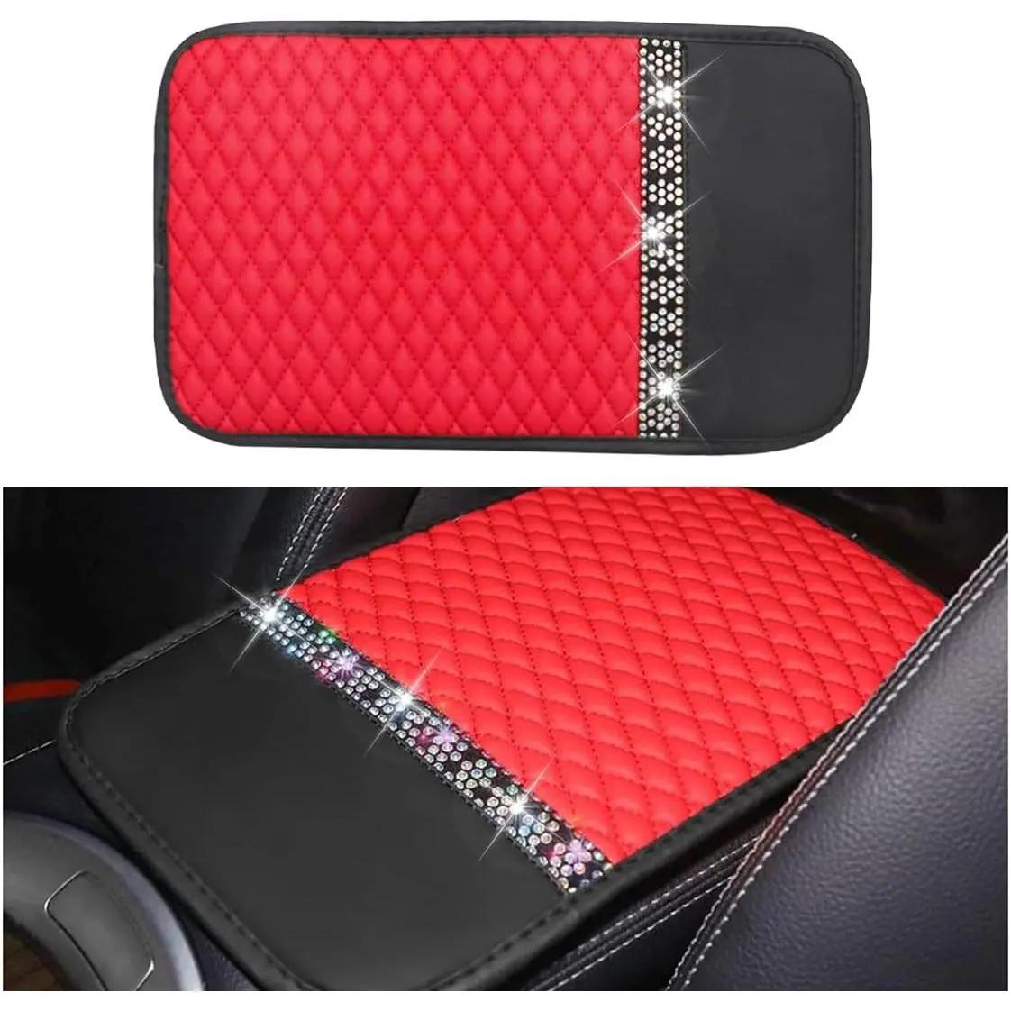 Rhinestone Grid Bling Leather SUV Center Console Armrest Cover - 12.4x7.48", Anti-Scratch Seat Box Protector Cushion with Elastic Bands (Red)