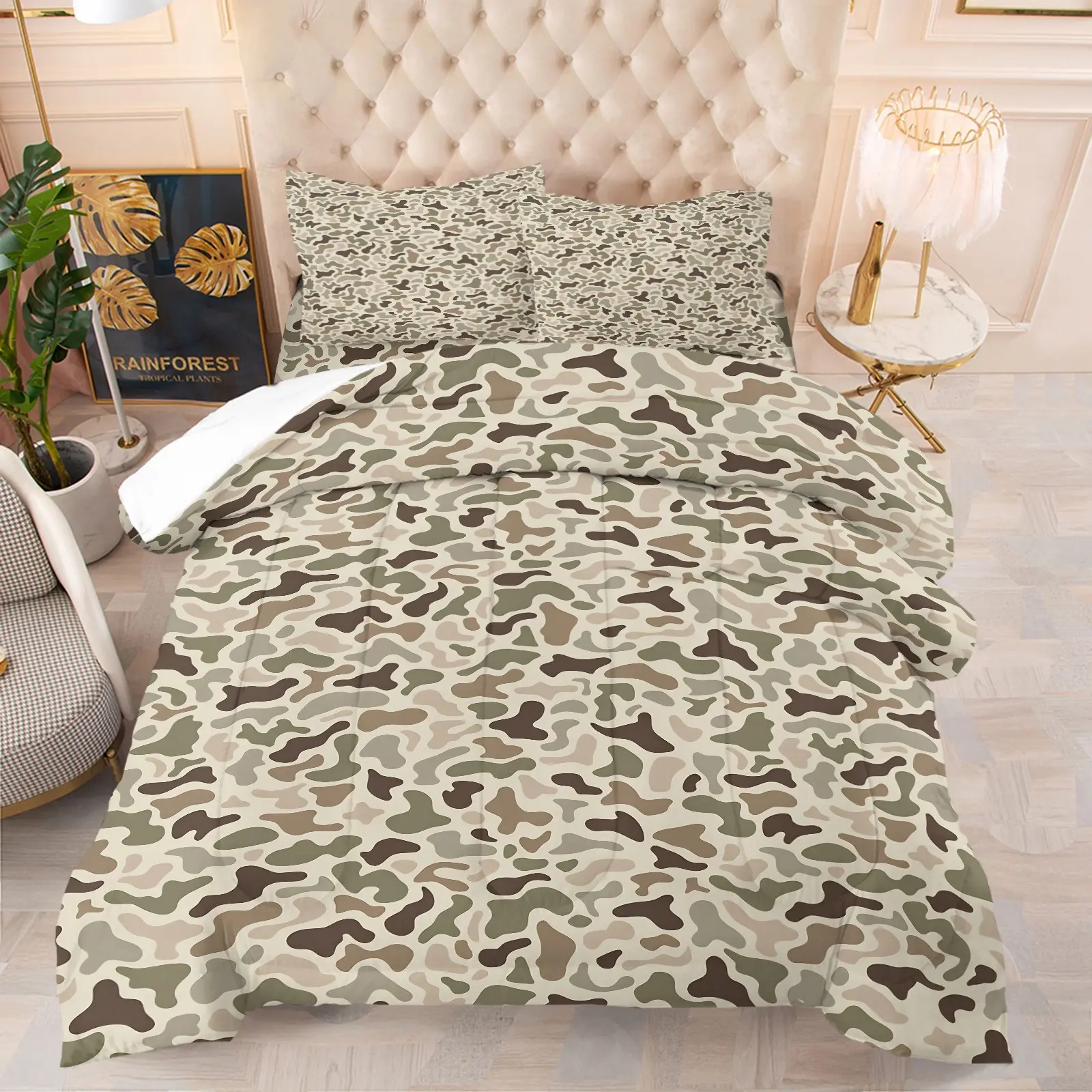 Khaki Classic Camouflage Comforter Set, 1 Comforter + 1-2 Pillowcases, Tactical Outdoor Style Microfiber Quilt, Soft Breathable All Season Use, Ideal Decor For Mens Bedroom Dorm Outdoor Enthusiasts