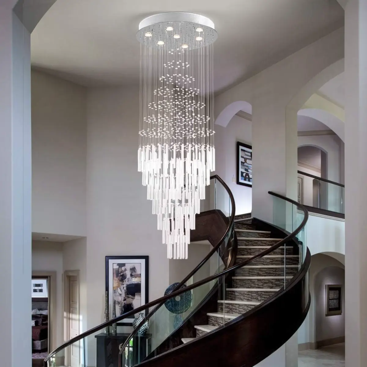 64.5 Inch Crystal Raindrop Chandelier, 7 Lights Modern Flush Mount Round Pendant Lighting, Clear Ball Ceiling Light Fixture, for Living Room, Bedroom, Dining Room, Hallway,Stairway, Entrance