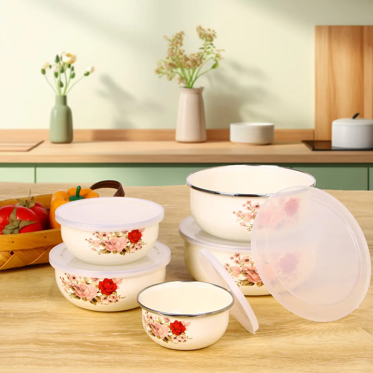 5pcs Enamel Multi-Functional Sealed Fruit Vegetable Storage Bowls, Portable Lunch Box, Salad Bowl Set, Food Storage Container, Kitchen, Office, Picnic