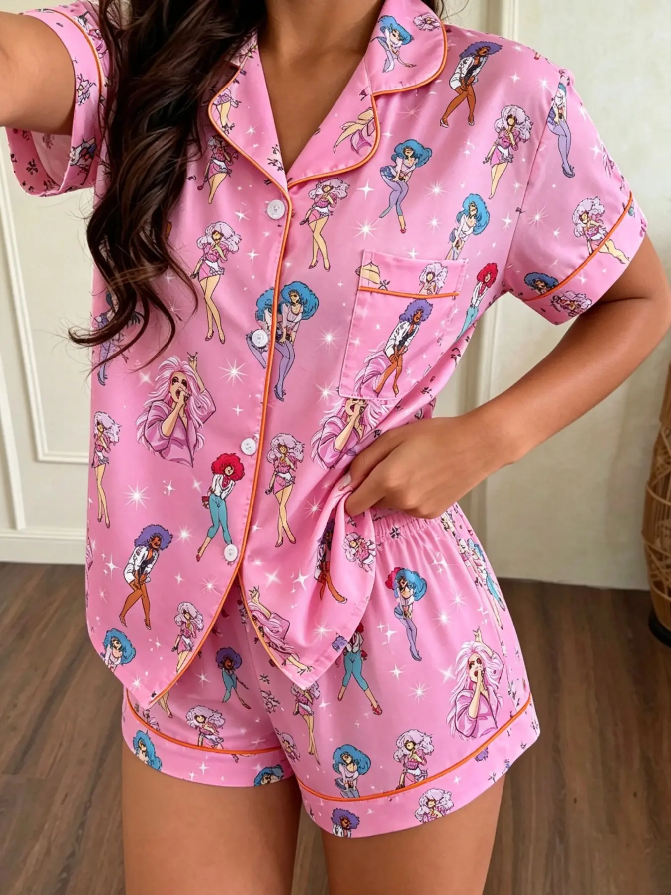 Women's Pajama Set, Cute Retro Cartoon Print, Fitted Short Sleeve Open Front, Two-Piece Summer Sleepwear, All Seasons Comfort