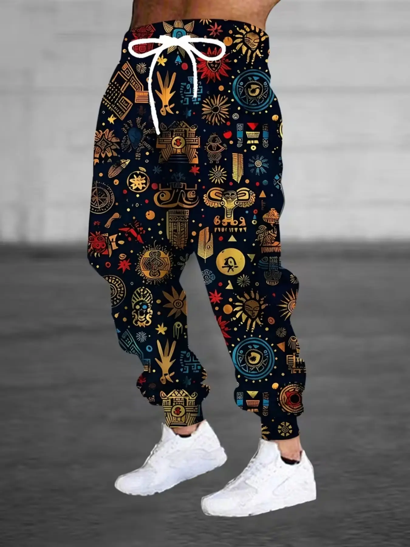 Men's 3D Retro Greek Pattern Sports Pants, Drawstring and Pockets, Casual Fitted Trousers, Comfortable Home Sleepwear, All Seasons, Drawstring Knit Pants