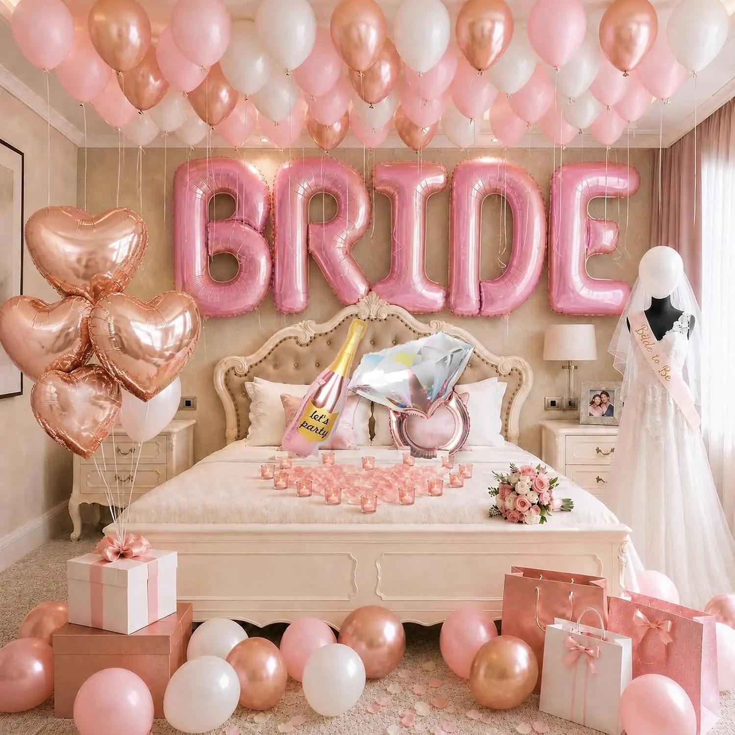 Rose  Bride Balloons Bachelorette Bridal Shower Decorations, BRIDE Letter Foil Balloon Veil Sash Heart Bottle & Ring Balloons, Rose Petals for Bridal Shower Engagement Wedding