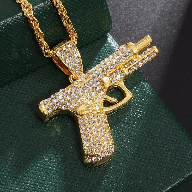 Bling Iced-Out Pistol Pendant Necklace for Men, Hip Hop Street Style Jewelry, Rhinestone Inlay Statement Accessory Bling Iced-Out Pistol Pendant Necklace for Men, Hip Hop Street Style Jewelry, Rhinestone Inlay Statement Accessory