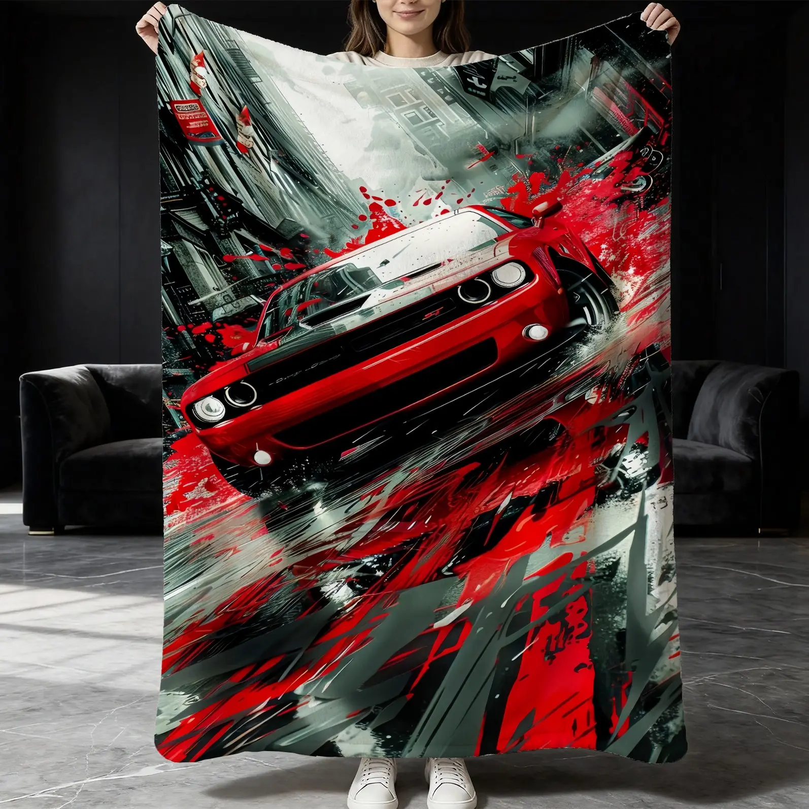 Racing Muscle Car Pattern Flannel Blanket, Single-sided Print, Soft, Comfortable and Lightweight Throw, Portable for Sofa, Bedroom and Office Naps, Holiday Gift for Men, Teens and Car Enthusiasts, Car Themed Blanket