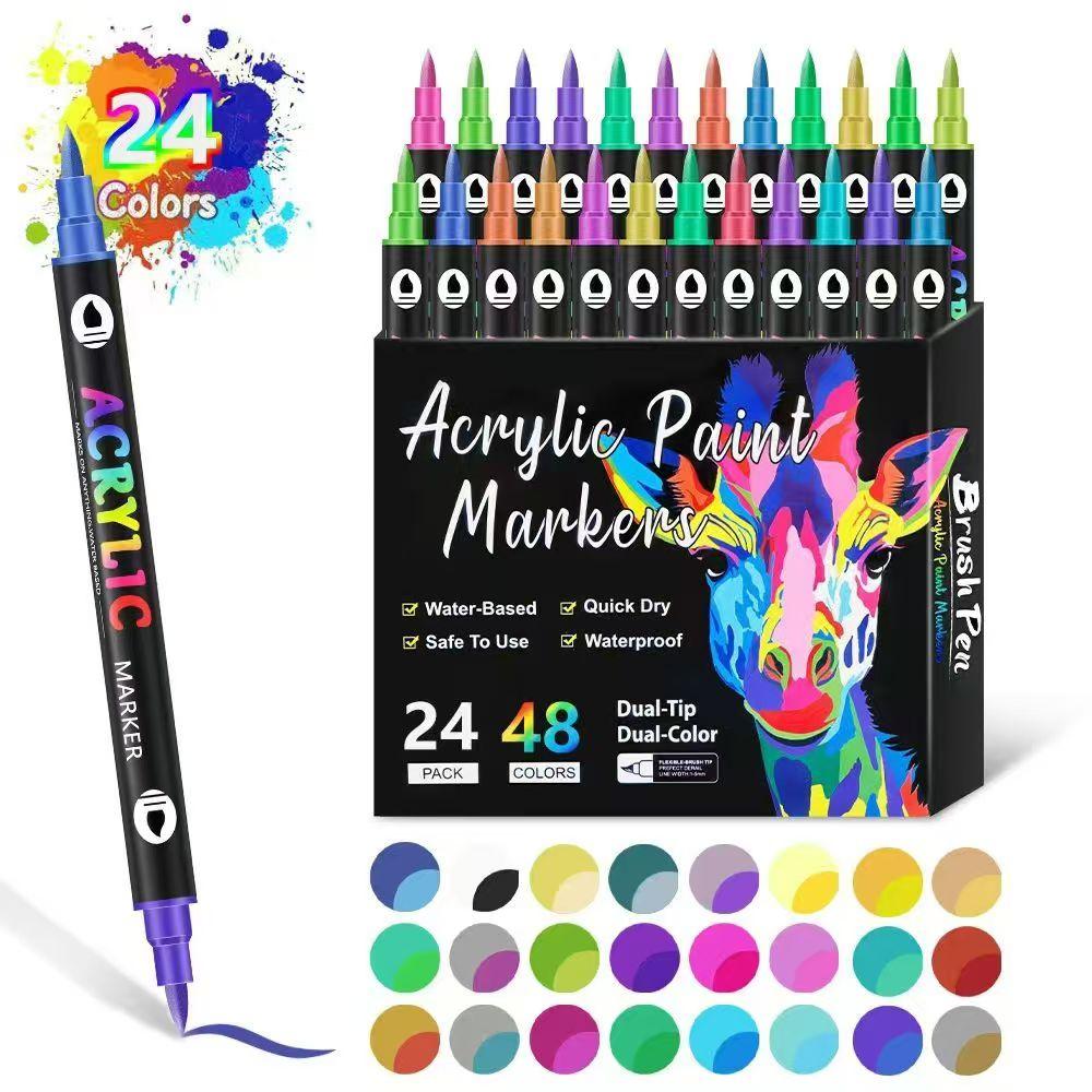 Acrylic Paint Marker Pen Set, 1 Set 12/24/36pcs Double Tip Double Color Quick Dry Waterproof Acrylic Paint Drawing Marker Pen, Crafts Art Supplies for Rock Painting, Wood, Canvas, Stone, Glass #GLOBAL PICKS