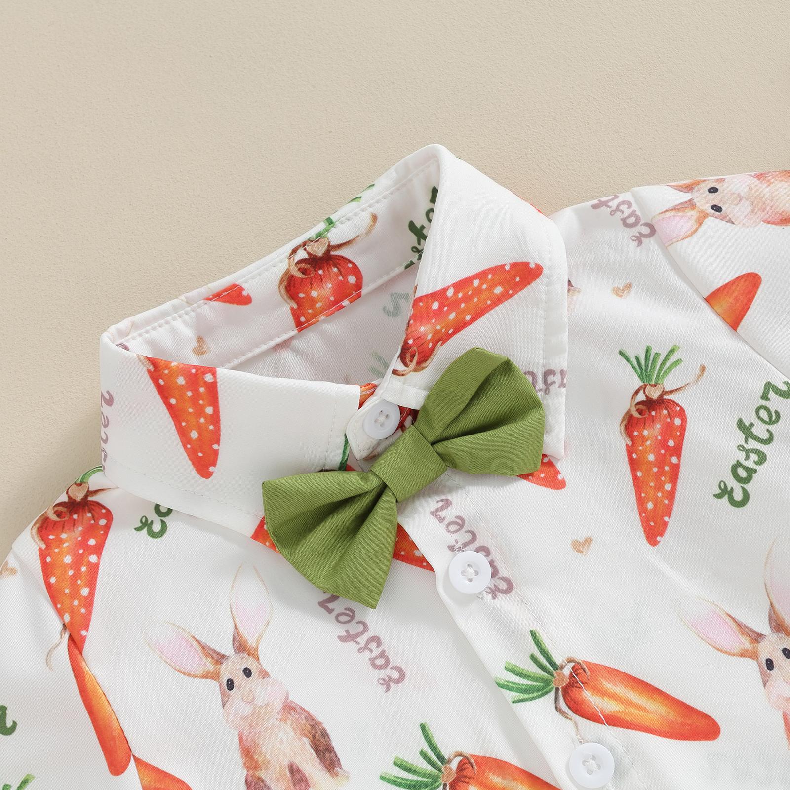 Babamoon Toddler Baby Boy Easter Outfits Carrot Rabbit Print Short Sleeve Button Down Shirt Top Solid Shorts Set Summer  2Pcs Clothes