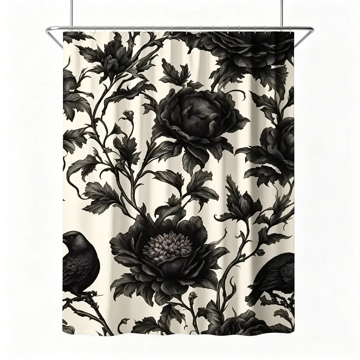 Gothic Black Peony Bird Print Shower Curtain - Industrial Minimalist Retro Dark Floral Moody Aesthetic Waterproof Bathroom Fabric Curtain