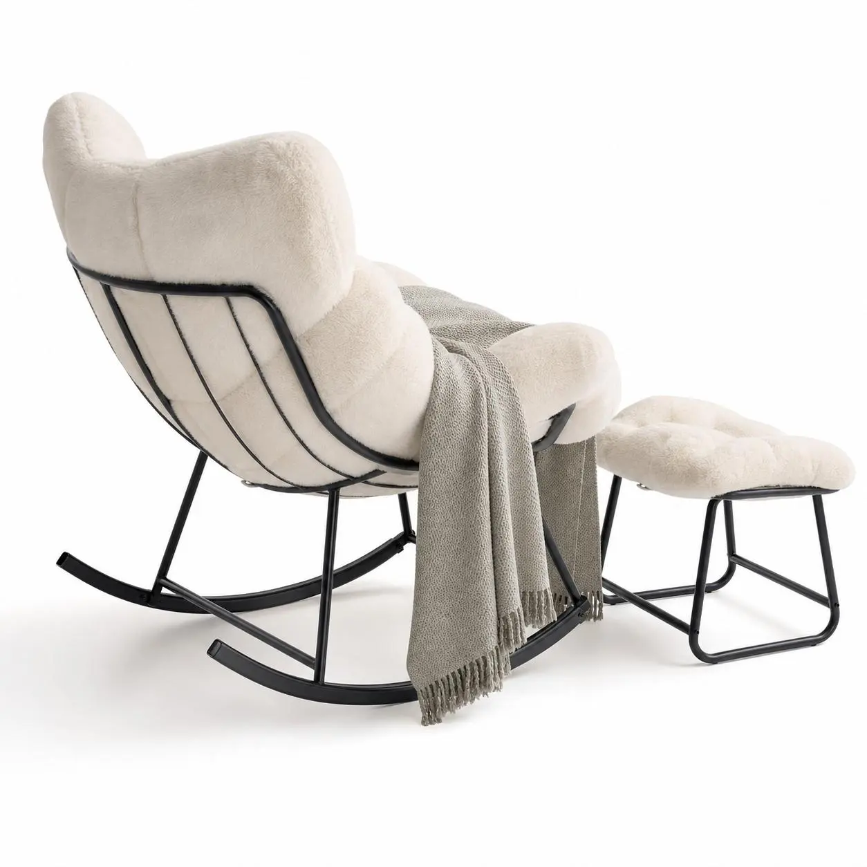 Outdoor Oversized Papasan Rocking Chair With Footrest, Patio Lounge Chair With Ottoman and Sturdy Metal Frame, Patio Rattan Egg Rocker for Balcony Backyard Porch Bedroom, White