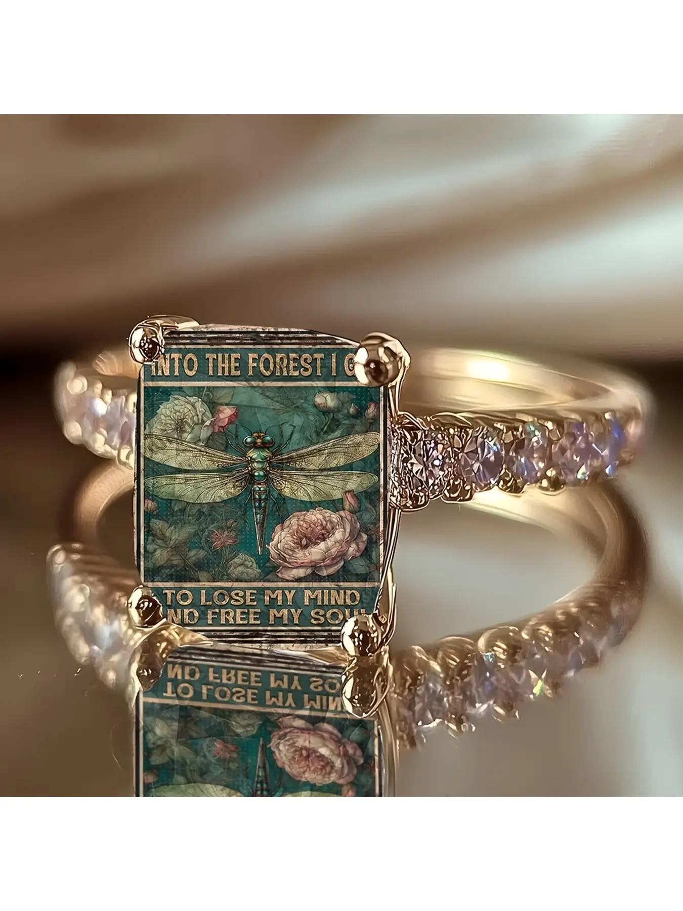 Women's Vintage Forest Dragonfly Rose Square Ring, Decorative Jewelry with English Artistic Slogan Pattern, Nature-inspired Healing Gift Accessory