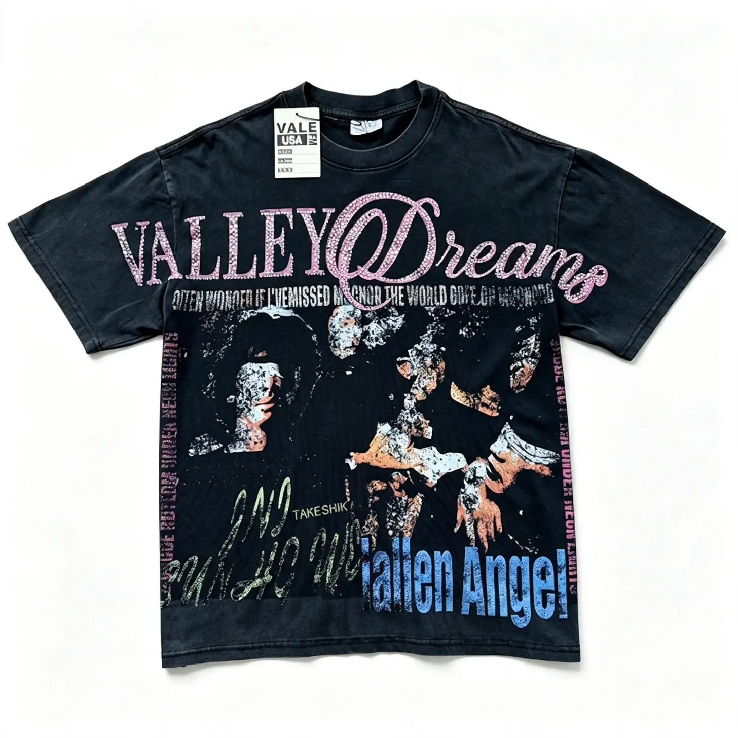 VALLEY Men's Oversized Hot Drill Rhinestone Letter T-Shirt Vintage Blue Short-Sleeve Cotton Fabric Top Streetwear Bling Graphic Summer Outfit Gym Pump Cover Father's Day Gifts