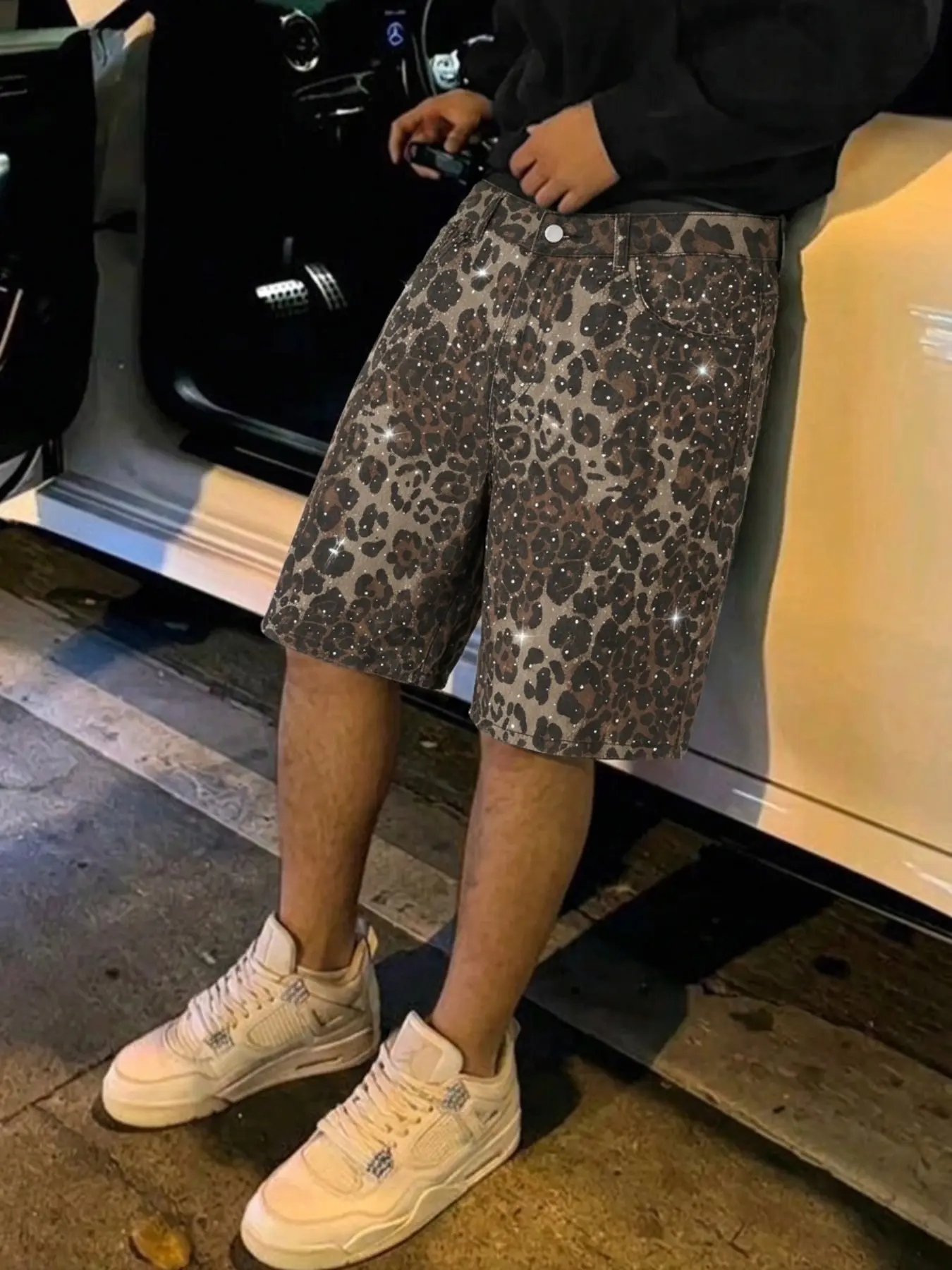Men's Leopard Print Graphic Loose Shorts, Rhinestone Design, Street Style, Casual, Breathable Cotton, Loose Fit, Summer Sports Jeans, All-Season Wear, Casual Streetwear Shorts