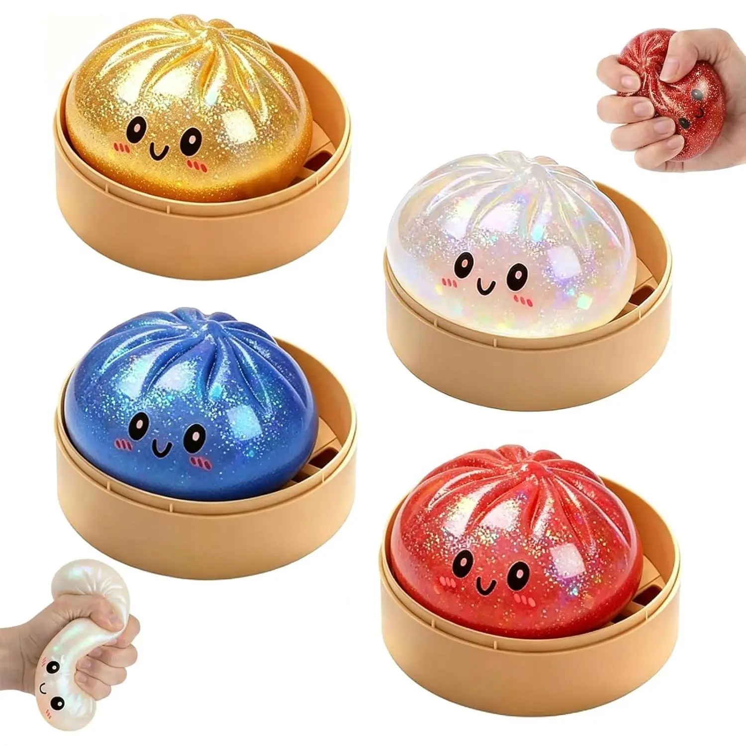 4Pcs Giant Dumpling Squishy, Dumpling Squeeze Toy,Giant Dumplings Glitter Box, Colorful Sensory Toys Stress Relief Ball, Squishy Toy with Steamer Box, Soft Squeeze Decompression Dough