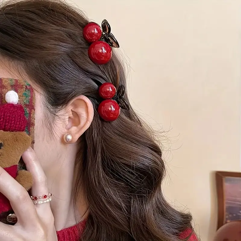 Sweet Cherry Hair Claw Clips for Women, Cute Red Fruit Small Hair Grab Barrettes, Fashion Side Bang Hair Clip for Daily Wear Party Hair Accessories