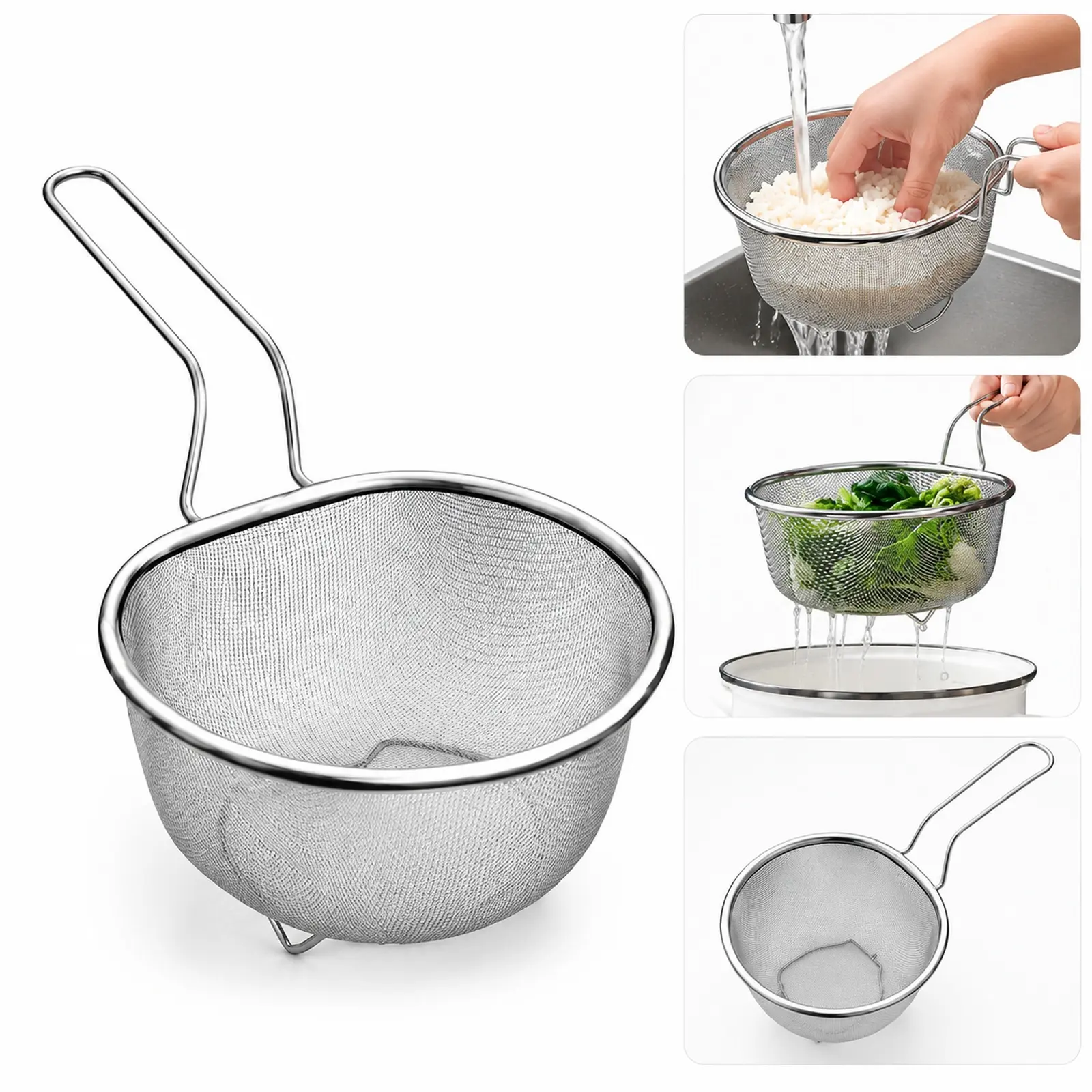 Stainless Steel Strainer Basket, Deep Mesh Colander with Handle, Kitchen Food Filter Tool for Pasta, Fruits, Vegetables, Frying and Daily Cooking.