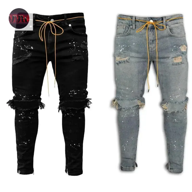 YYW1 New Men's Slim Fit Ripped Ankle-Tied Pants New Men's Paint Jeans