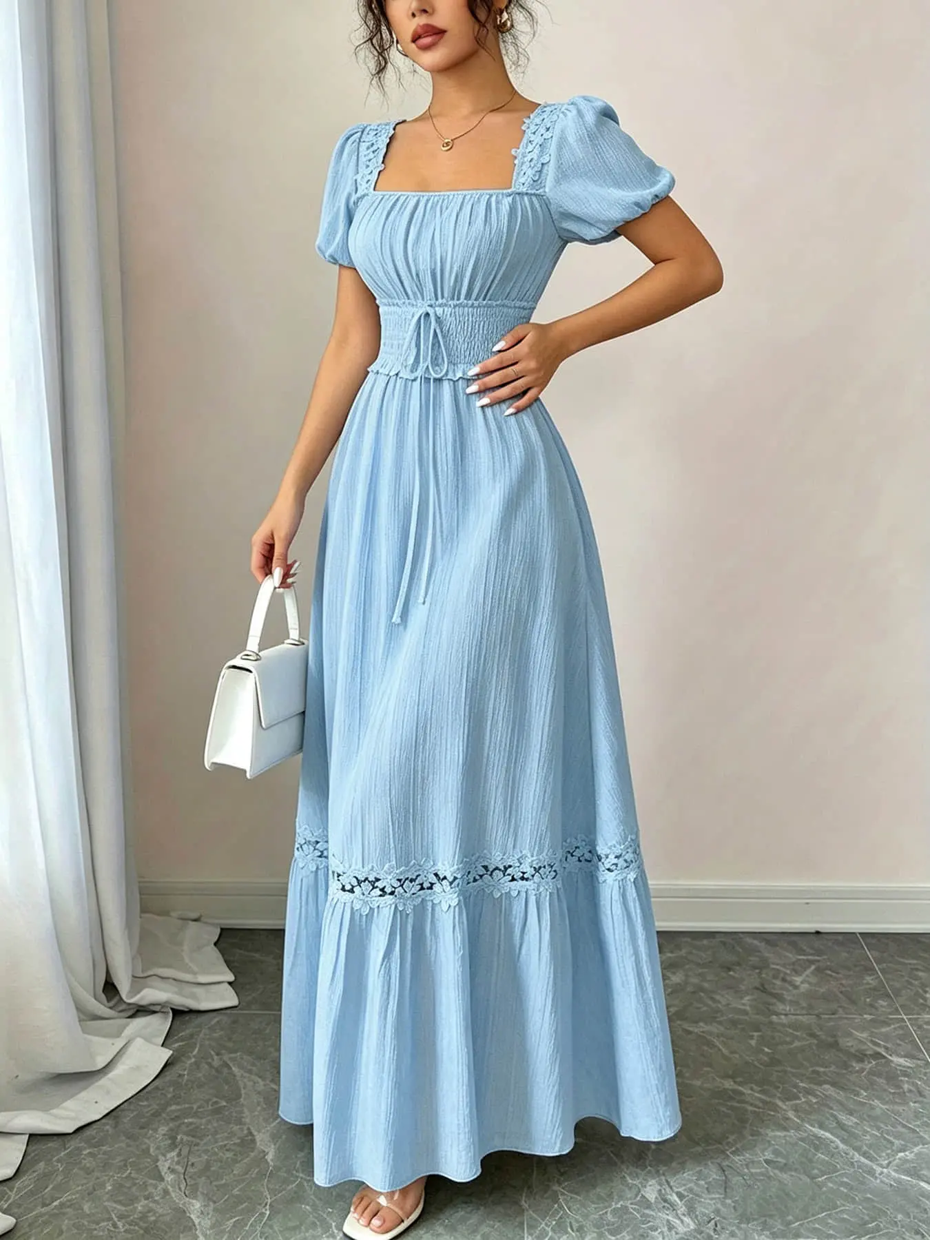 A women's fashionable and gentle dress with a slimming seaside vacation style, featuring a cinched waist and square neckline with bubble sleeves, suitable for summer, beach vacations, park picnics, and dates Tummy Flattering Dresses