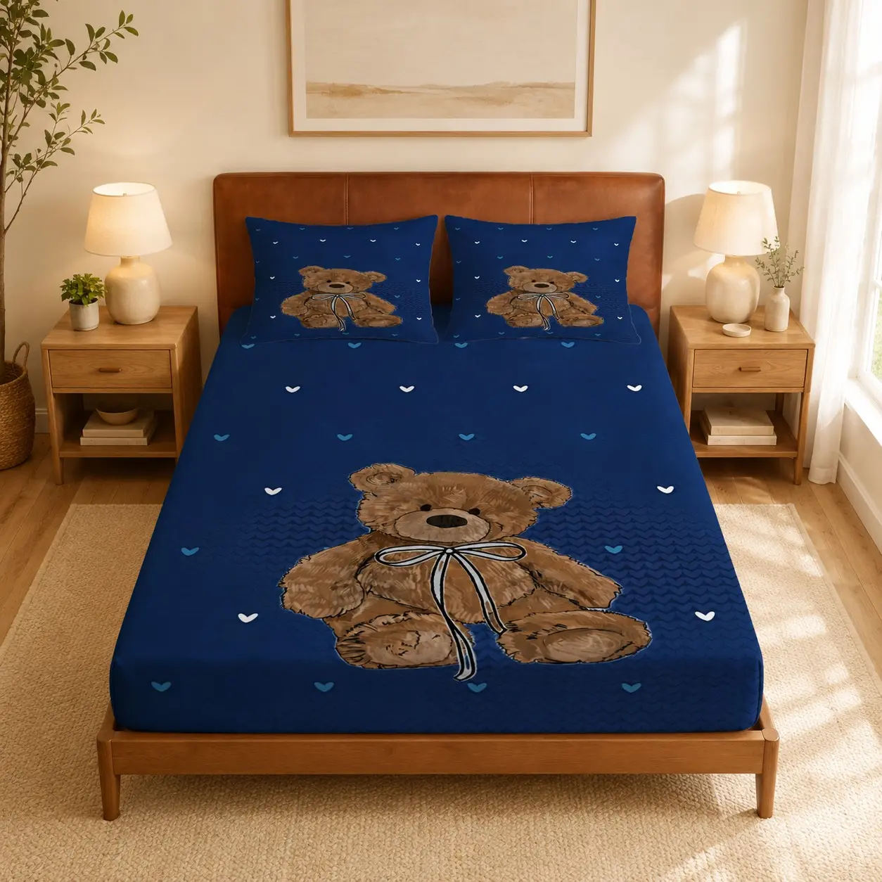 Cute Teddy Bear Fitted Sheet Set, Fitted Mattress Sheet, 1 Fitted Sheet + 2 Pillowcases, Heart Pattern Bedding, Ultra-Soft & Breathable Microfiber Sheet Set, Deep Pocket, Non-Slip, All Season Use, Perfect for Cozy Bedroom & Cute Style Lovers, Bed Sets