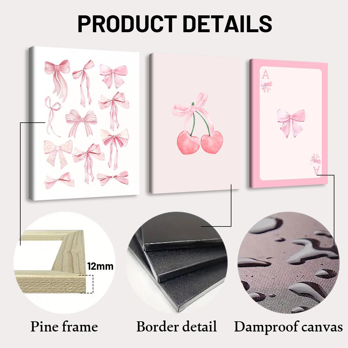 Wooden Framed Canvas Painting, 3 Counts/set Cute Bow Pattern Artistic Wall Art for Girl, Wall Decor for Home Living Room Bedroom Office