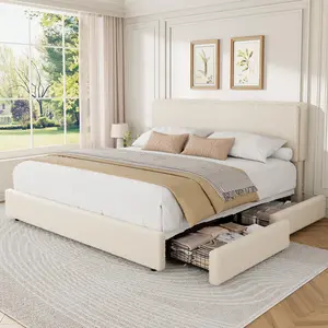 Twin/King/Full/Queen Size Teddy Fleece Bed Frame, Upholstered Platform Bed with 2 Storage Drawers, Height Adjustable Cloud Headboard, Thick Soft Teddy Fabric, No Box Spring Required