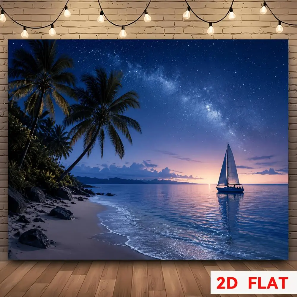 2D Flat HD Digitally Printed Polyester Photography Backdrop Cloth - Tropical Coastal Night Starry Sky & Sailboat Pattern, Soft, Lightweight, Foldable, Indoor-Use Textile Backdrop