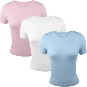 3 Pack Women’s Ribbed Crewneck Stretch Short Sleeve Yoga Workout Tees |   Soft Fitted Athletic T Shirts Available in Plus Size |   Casual Active Tops for Gym Training Running Daily Wear