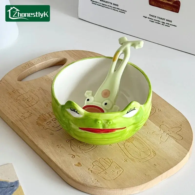 Cute Frog Shaped Ceramic Salad Bowl with Spoon Family Fruit Snack Dinner Bowls Cartoon Tableware Kitchen Utensils Accessories