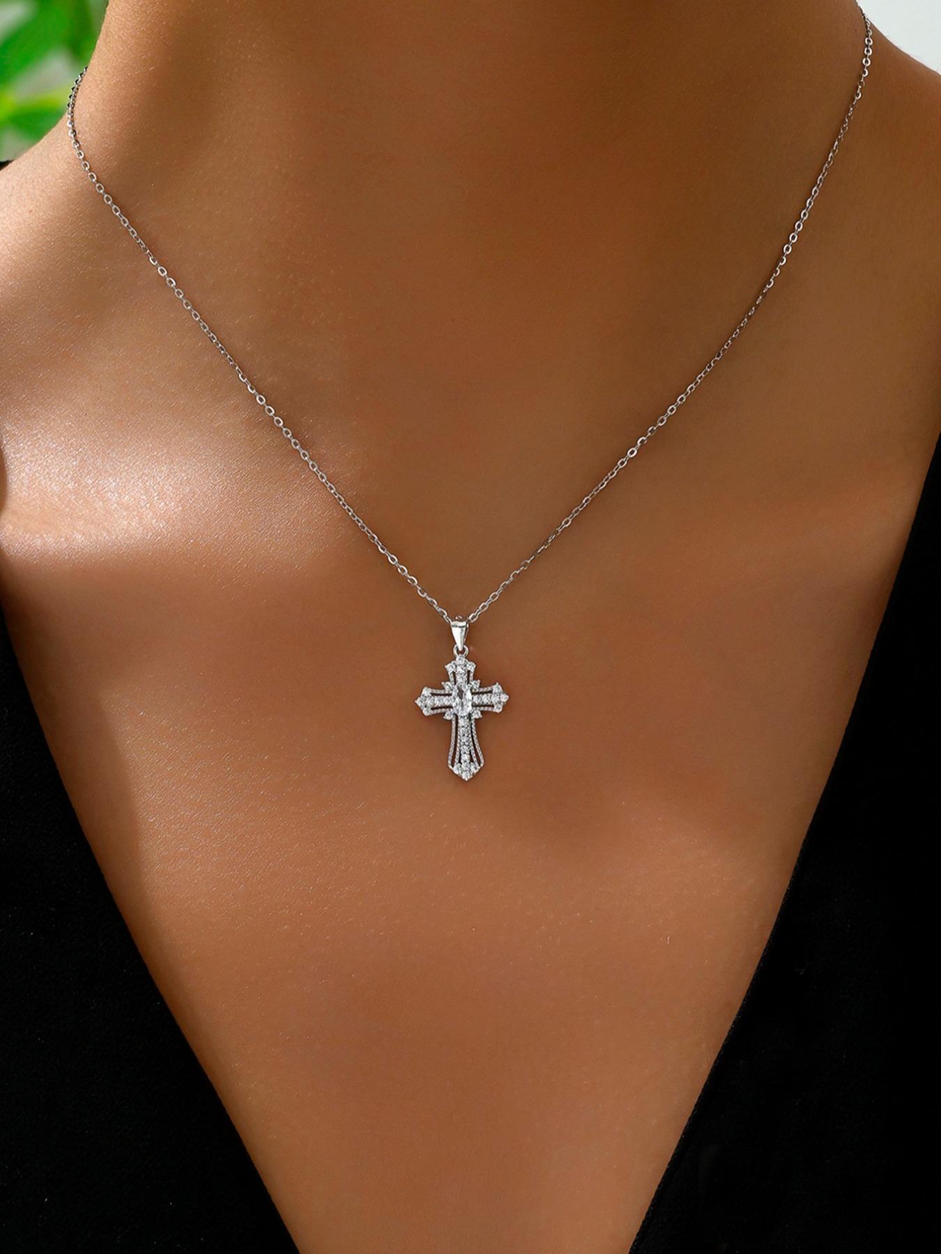 925 Sterling Silver Fashion Cross Design Pendant Necklace for Women, Artificial Zircon Decor Necklace, Trendy All-match & Exquisite Jewelry for Birthday Gift