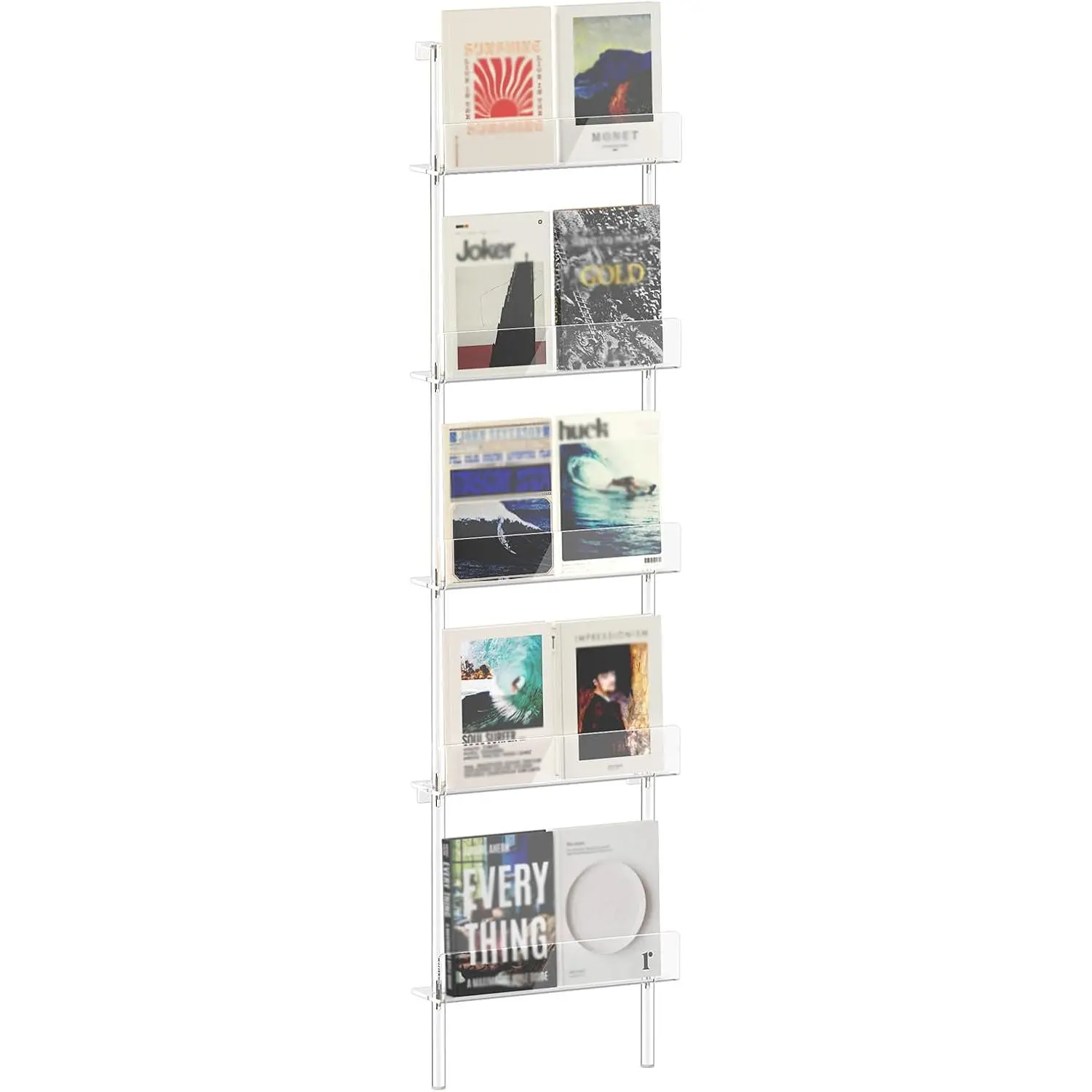 5-Tier Narrow  Bookshelf, 3.9" D x 15.8" W, Space-Saving Slim Storage Book Shelf for Living Room, Bedroom, Office, Clear Bookcase, Modern, Easy Assembly