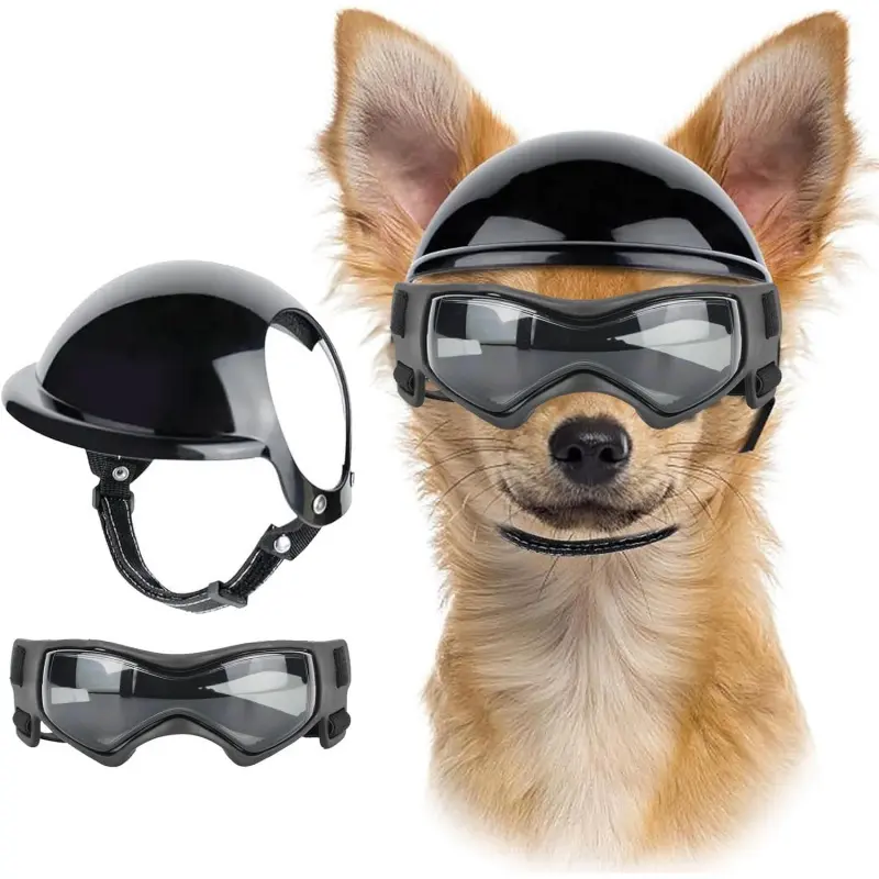 2PCS dog protective goggles and pet helmet set - stylish headgear with a cap - adjustable cat eyewear - pet motorcycle helmet with ear holes - suitable for small and medium-sized dogs for outdoor driving and walking