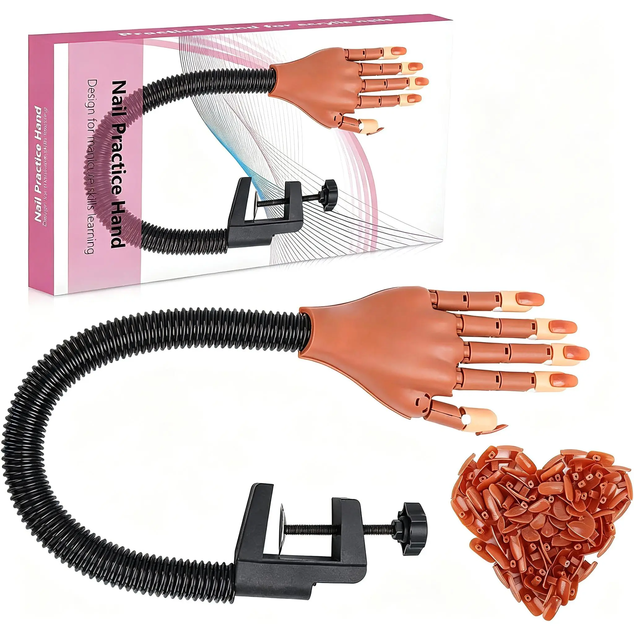 Practice Hand for Acrylic Nails, Flexible Nail Practice Hands Training Kits, Fake Mannequin Hands for Nails Practice, Movable Nail Mannequin Hand with 100PCS Nail Tips