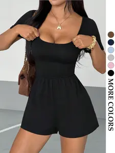 Women's Square Neck Short Sleeve Jumpsuit, High Elastic Waist Slimming Loose A-Line, Versatile Casual Style Basic Daily Wear Set