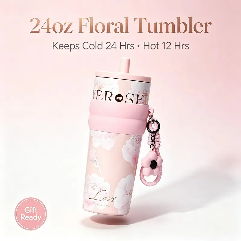 24oz Insulated Tumbler Keeps Ice All Day, Leakproof Travel Mug with Flip Lid, Stainless Steel Water Bottle for Commute Gym Drinkware
