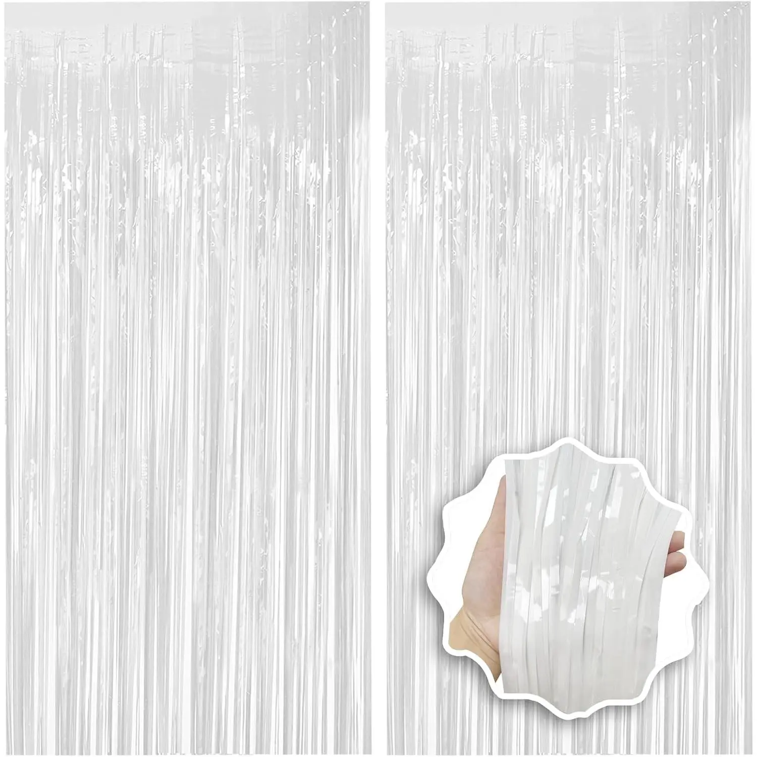 White Foil Fringe Backdrop Curtain 2 Pack 3.3x8.2 Ft, White Tinsel Streamers Birthday Party Decorations Fringe Backdrop for Birthday Graduation Christmas Halloween  Shower