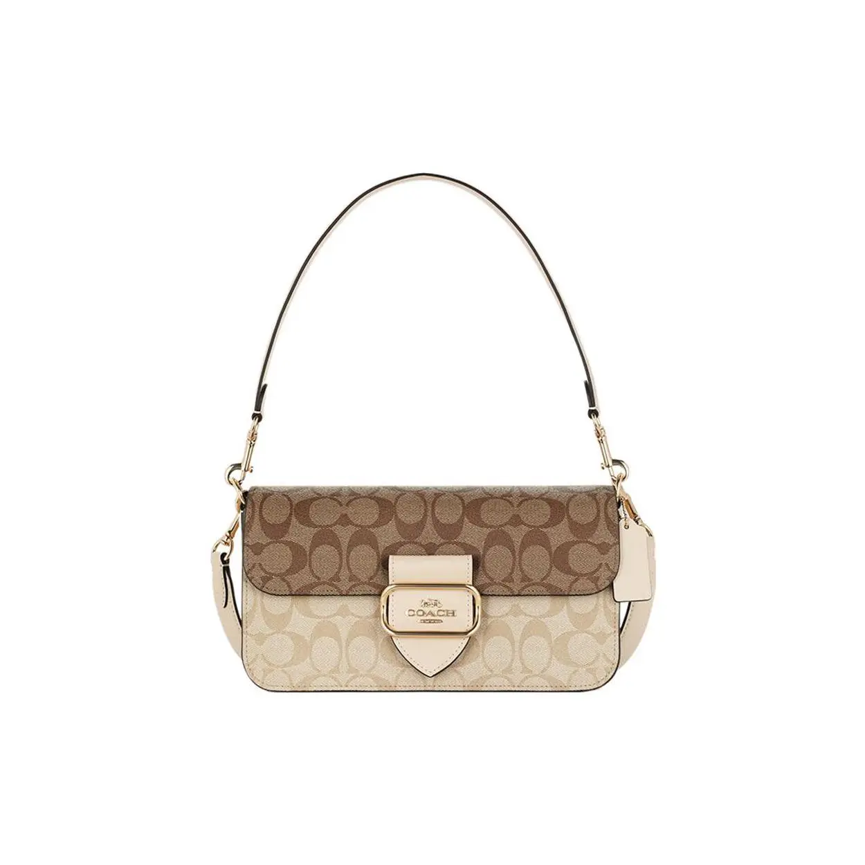 COACH Morgan 27 Classic Monogram Snap-Clasp Canvas and Leather Hobo Bag for Women, Caramel Beige