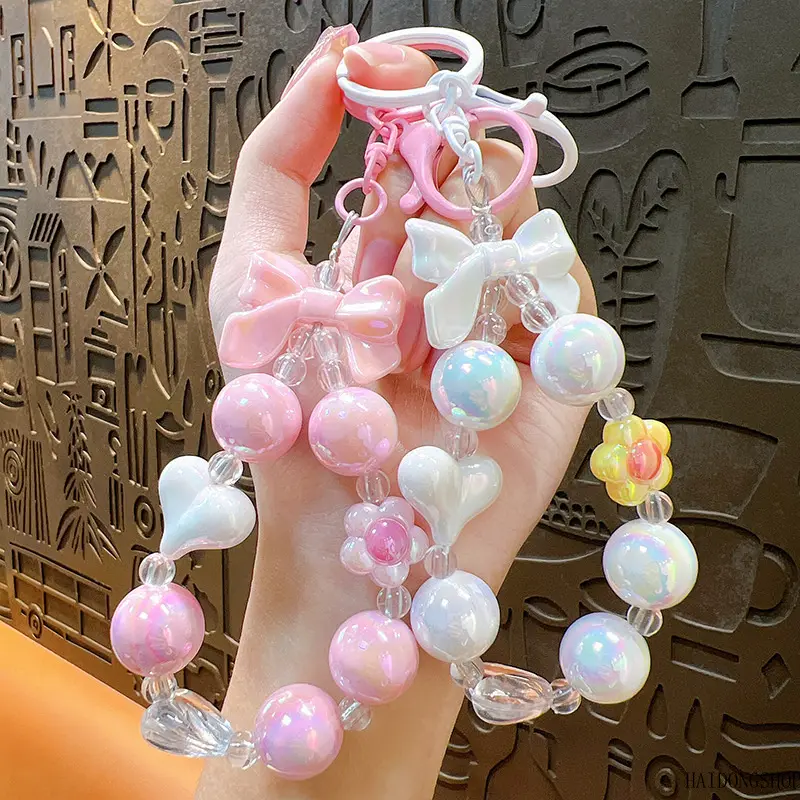 Pastel Kawaii Viral Fresh Candy Color Electroplated Beaded Keychain for Teen Girls, Cute Bow Heart Mini Bag Charm, Y2K Sweet Accessory for Car Keys, Backpack, Campus, Daily Travel Styling