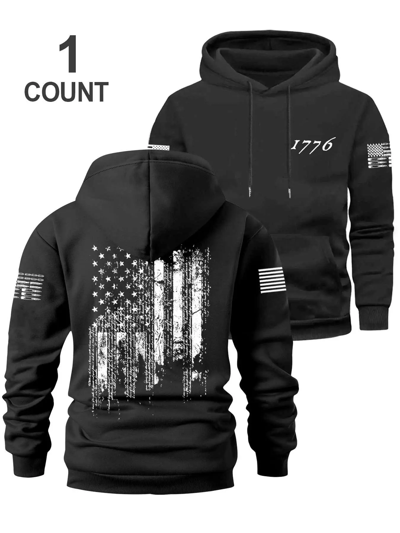 Men's Fall Winter Hooded Sweatshirt, Casual Sporty Hoodies, Flag Print Design, Chest Pocket, Elastic Waistband, Long Sleeve, Casual Loose Fit, Outdoor Activities