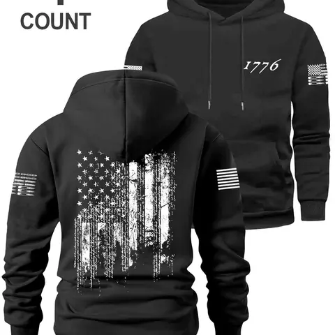 Men's Fall Winter Hooded, Casual Sporty Hoodies, Flag Print Design, Chest Pocket, Elastic Waistband, Long Sleeve, Casual Loose Fit, Outdoor Activities, Casual Streetwear Hoodies