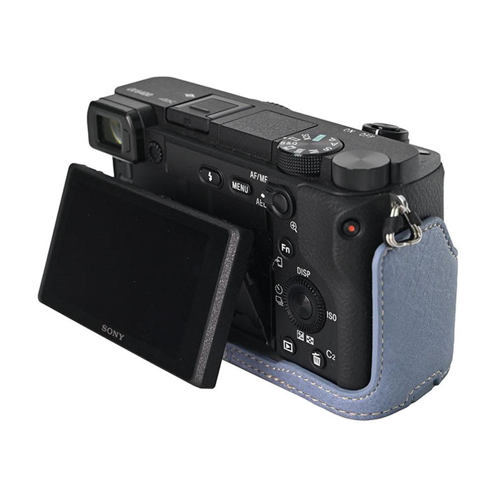 Litchi Pattern PU Leather Camera Half Case for Sony A6300 A6400 A6000 A6100 Bottom Opening Magnetic Cover With Strap