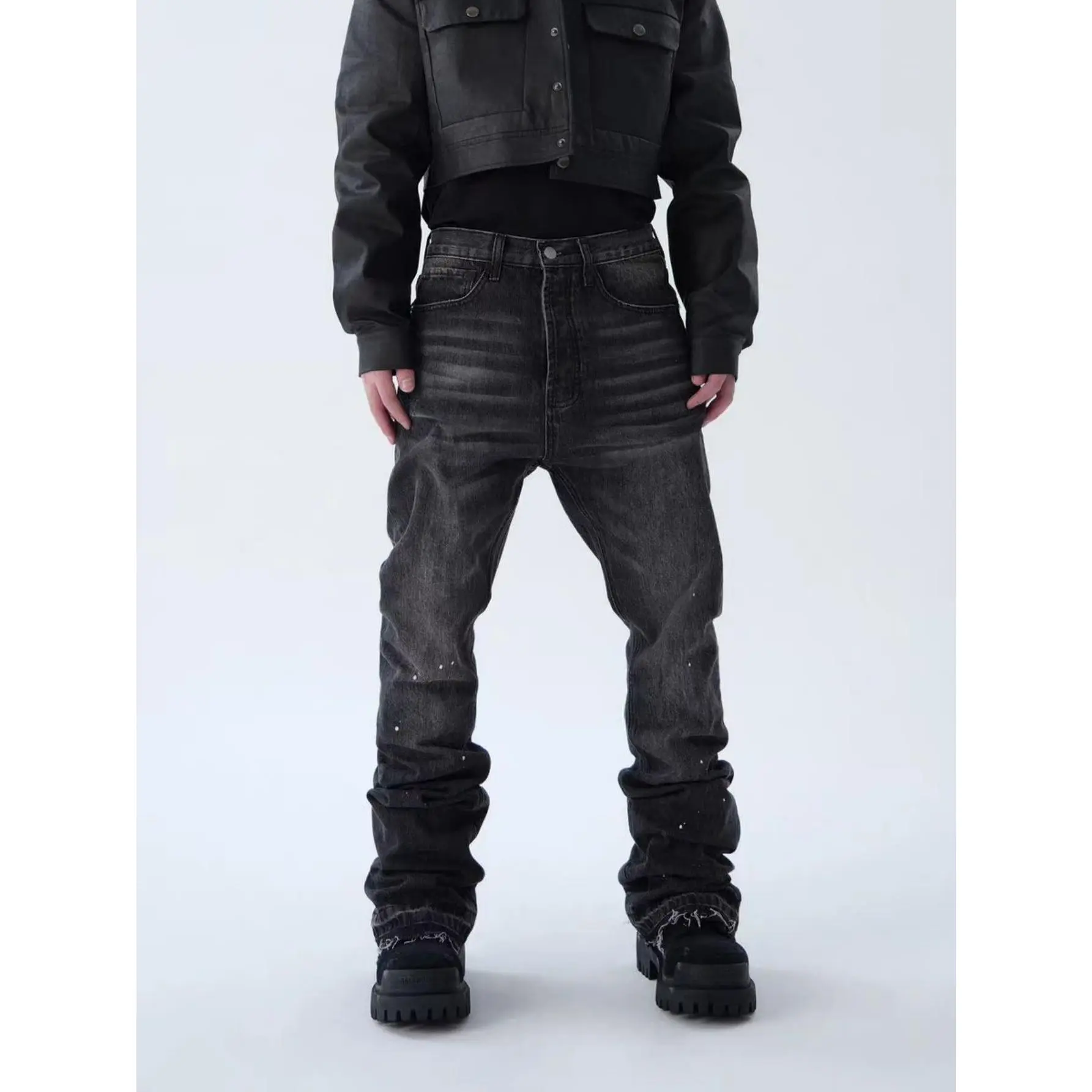 Men's Streetwear Speckle Ink Print Loose-Fit Straight-Leg Denim Jeans - Baggy Casual Menswear Bottoms Pants, Baggy Pants