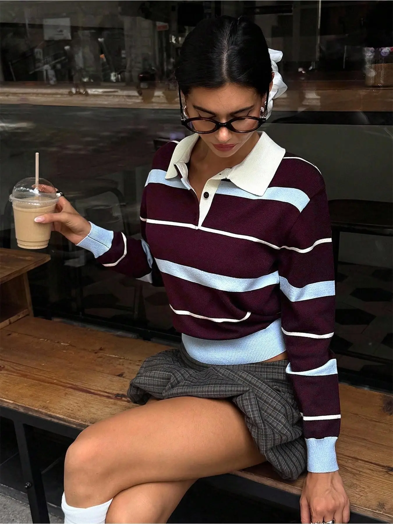 Women's Burgundy Striped Knit Polo Sweater, Preppy Loungewear & Streetwear, Comfortable and Stylish, Perfect for Casual