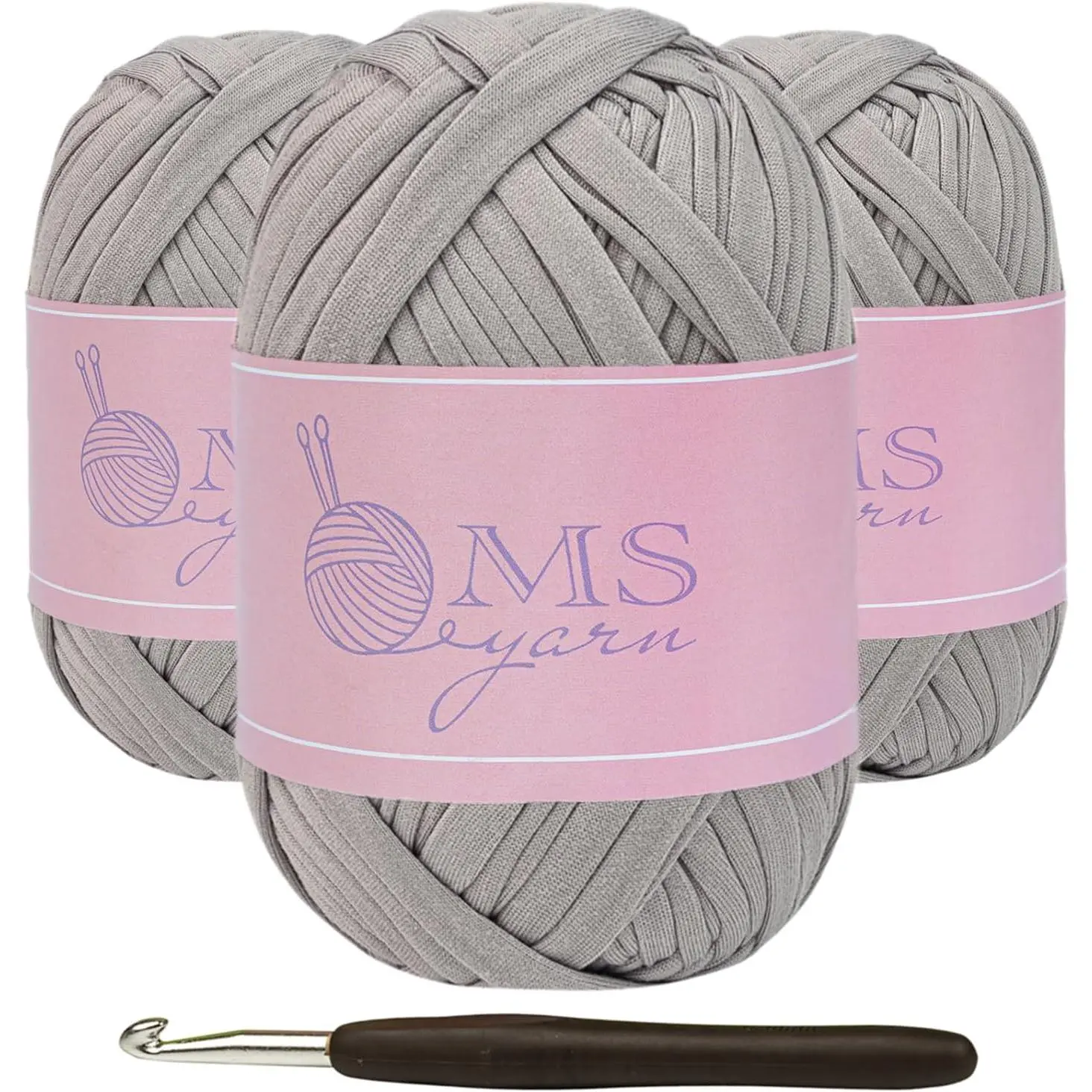 Easy T-Shirt Yarn for Crocheting, 3-Pack 100g/30yds High Elastic Yarn with Crochet Hook, Light Gray (for Baskets/Bags)
