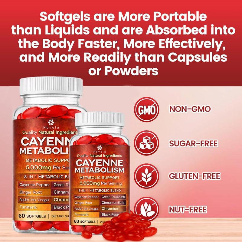 8-IN-1 Cayenne Metabolism Support Supplement – 5000mg – with Green Tea, Apple Cider Vinegar & Chromium for Daily Metabolic Support - 60 Softgels