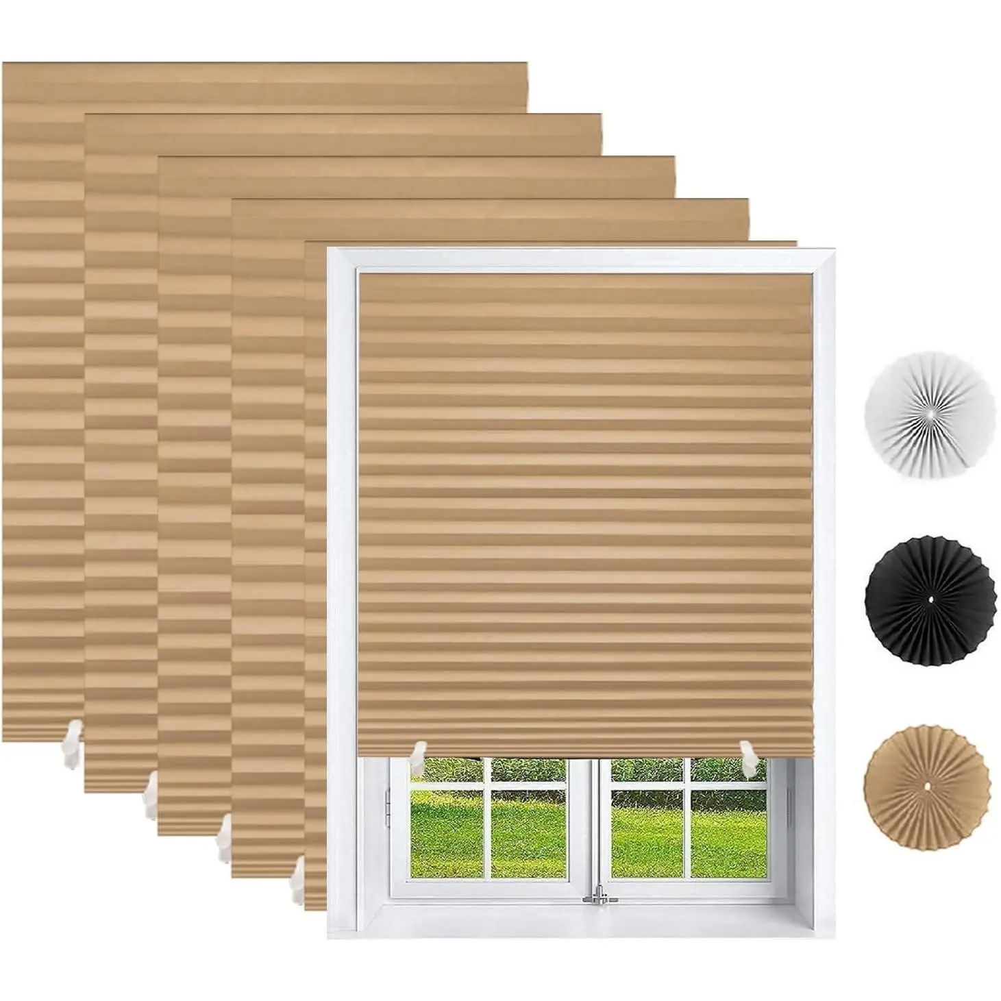 6 Pack Temporary Shades, Pleated Paper Blinds for Indoor Windows Cut to Size Adhesive Paper Shades No Tools No Drilling for Office, Bedroom, Living Room, 36" W x 72" H, Brown