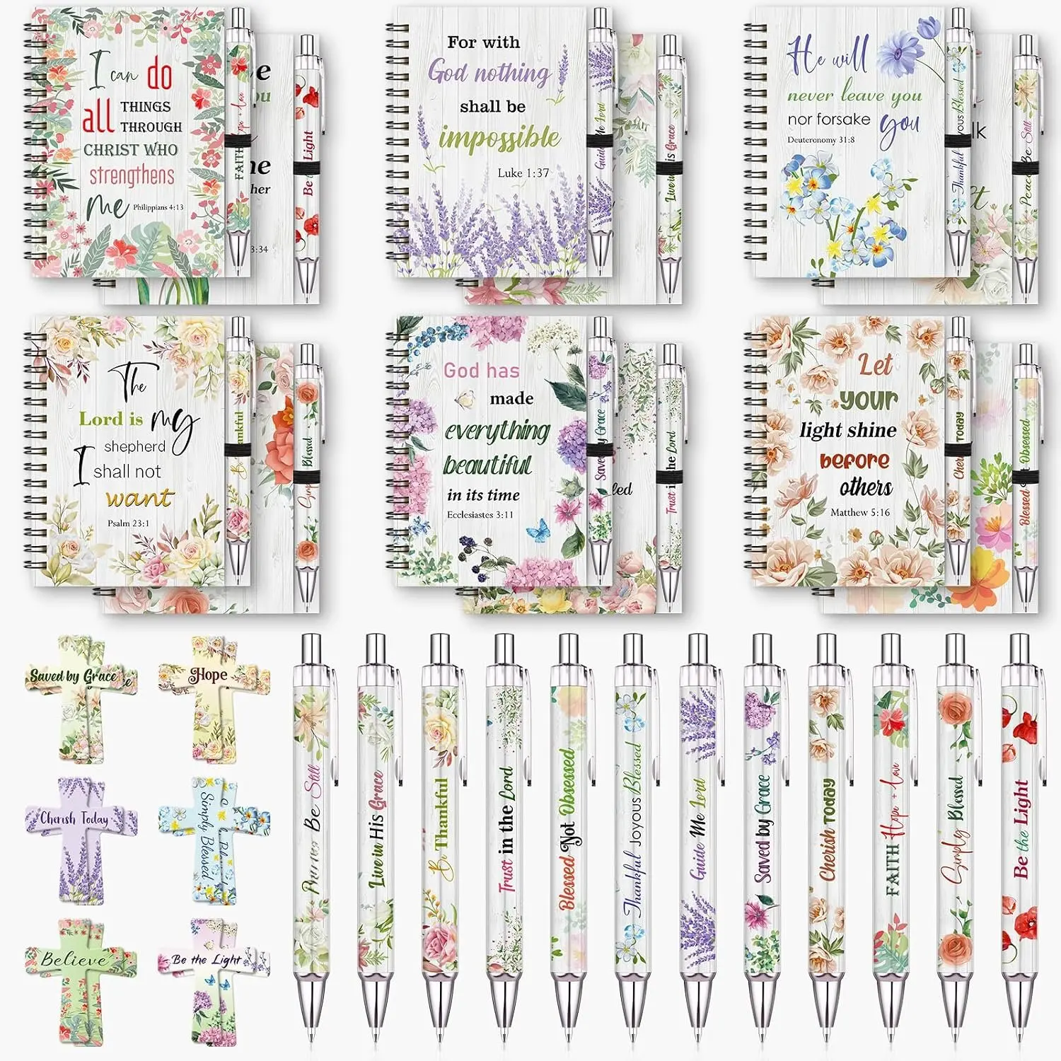 36 count Christian Bulk Gifts for Women: Floral Small Journal Religious  | 12  Verse Spiral Notebooks, 12 Scripture Pens, 12  Bookmarks, Prayer Journal for Coworkers Teachers Students Men