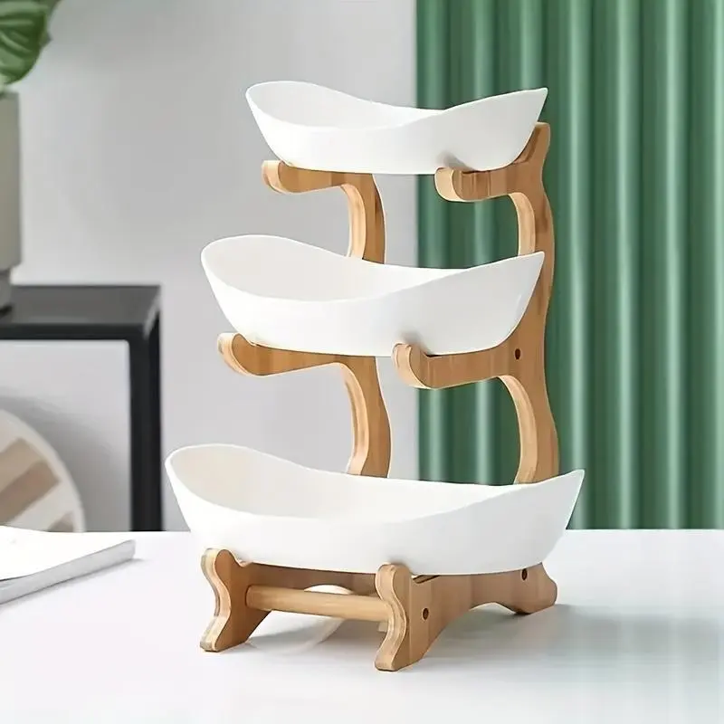 3-Tier Oval Fruit Basket with Bamboo Stand, Durable Polypropylene Kitchen Storage Rack, Modern Decorative Serving Tray, Display Riser