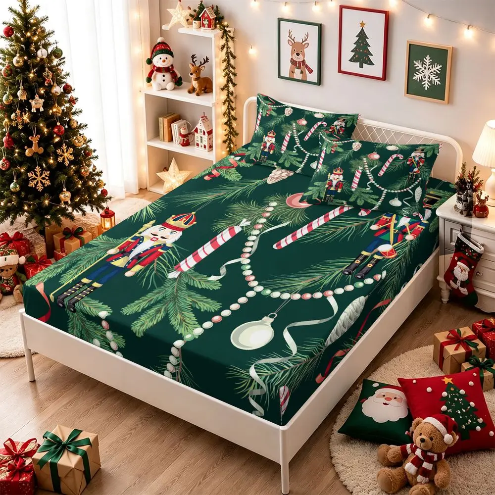 3Pcs Christmas Nutcracker Bedding Set, Holiday Fitted Sheet Set with Pine Branches & Ornaments, Festive Bed Sheets Set for Winter Bedroom Decor, Soft Bedding Set Gift No Fillers